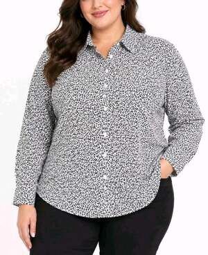 Talbots~Woman Plus Size 20W~White/Gray Non-Iron Cotton Bld. Button-Up Shirt Top.